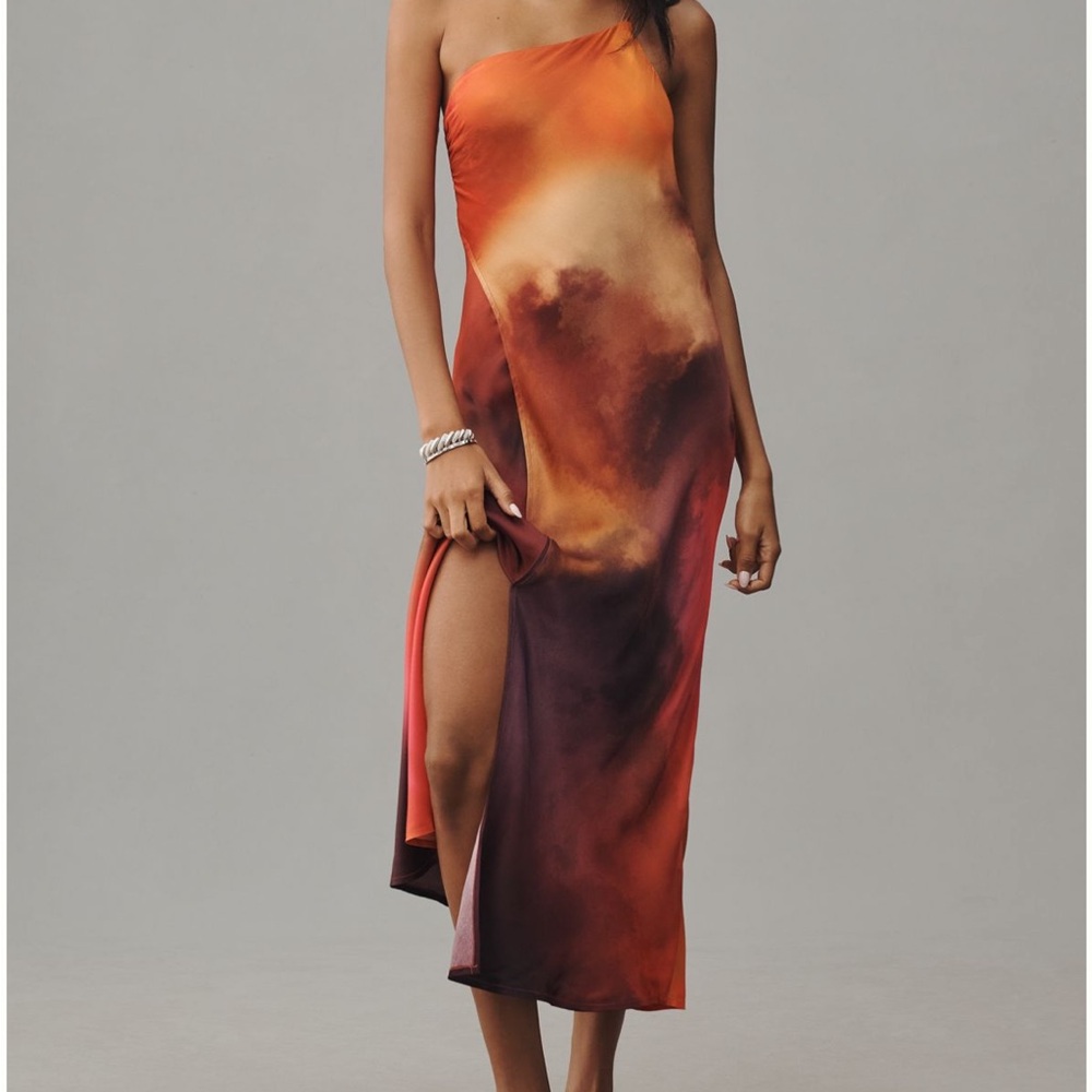 One-Shoulder Sunset Print Slip midi Dress - Orange